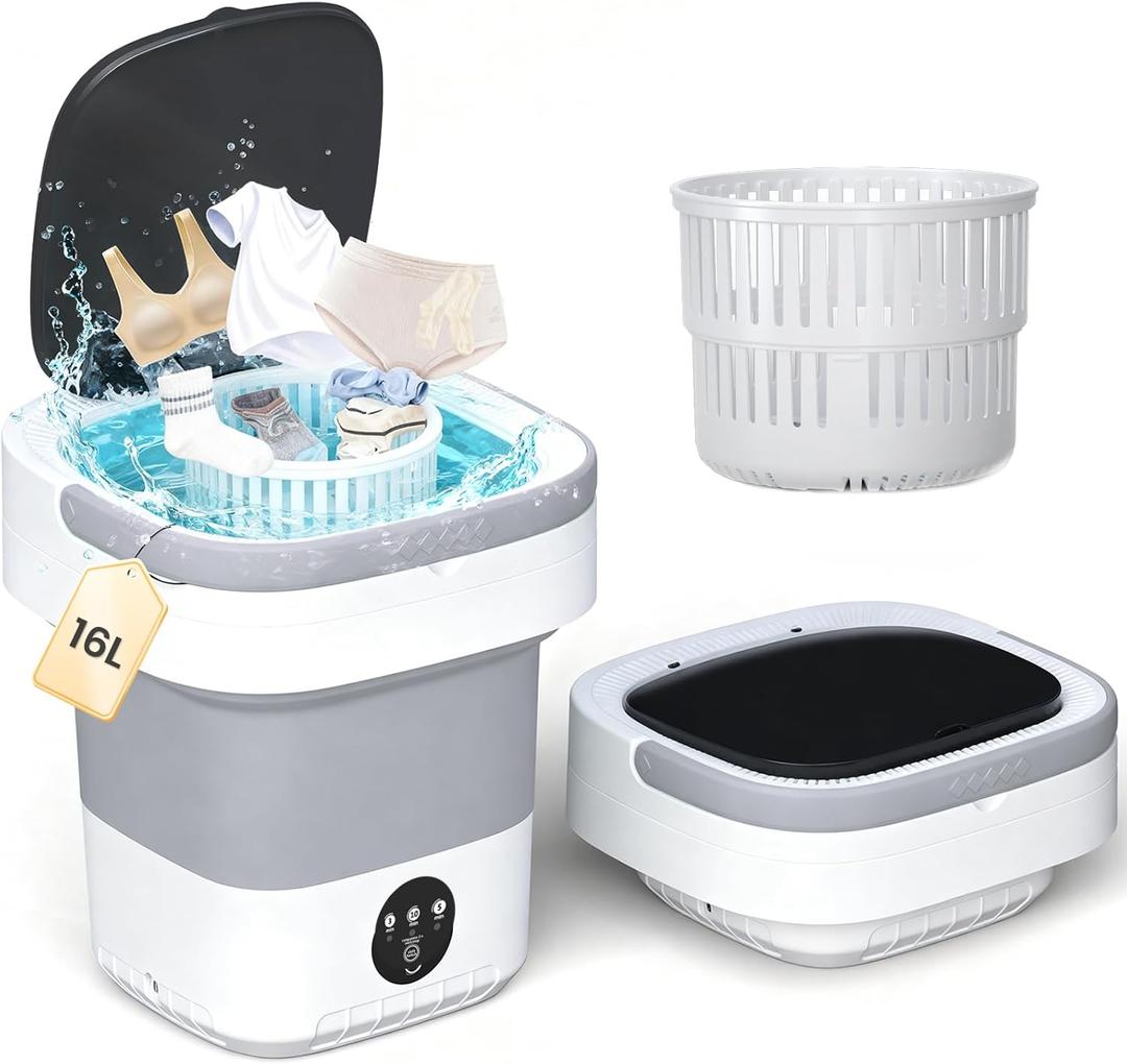 Portable Washing Machine - 16L Mini Foldable Washer with Spin Basket, Deep Cleaning for Small Clothes & 3 Cleaning Modes, Collapsible Laundry for Apartment, Dorm, Hotel, RV and Travel (Gray)