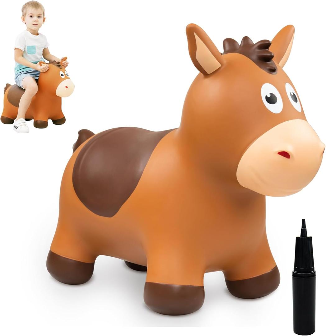 ZOOJOY Bouncy Horse Hopping Toys, Inflatable Animal Horse Toys for Toddlers, Outdoor Indoor Bounce and Ride On Bouncer for Boys Girls, Birthday Gifts for 18 Months 2 3 4 5 6 Year Old with Pump, Brown