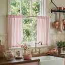 RYB HOME Linen Cafe Curtains 24 inch Length, Kitchen Farmhouse Striped Tier Curtains for Living Room Bathroom Tickingstripe Small Window Rustic Pinstripe Valances, Pink, W26 x L24, 2 Panels