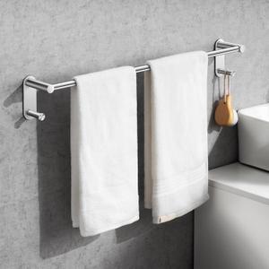 24 Inch Adhesive Towel Bar - Stainless Steel Stick on Towel Rack for Bathroom, No Drilling Towel Holder with 2 Hooks, Brushed Nickel