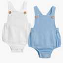 Newborn Baby Girls Boys Corduroy Jumpsuit Halter Backless Plain Romper Overall Clothes, White and Blue, 3-6 months