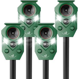 Solar-Powered Ultrasonic Animal Repellent 4 Packs, Waterproof Cat Deterrent with LED Flashing Lights and Motion Sensor for Outdoor Yard, Effective to Repel Cats, Coyotes, Raccoons, and Deer
