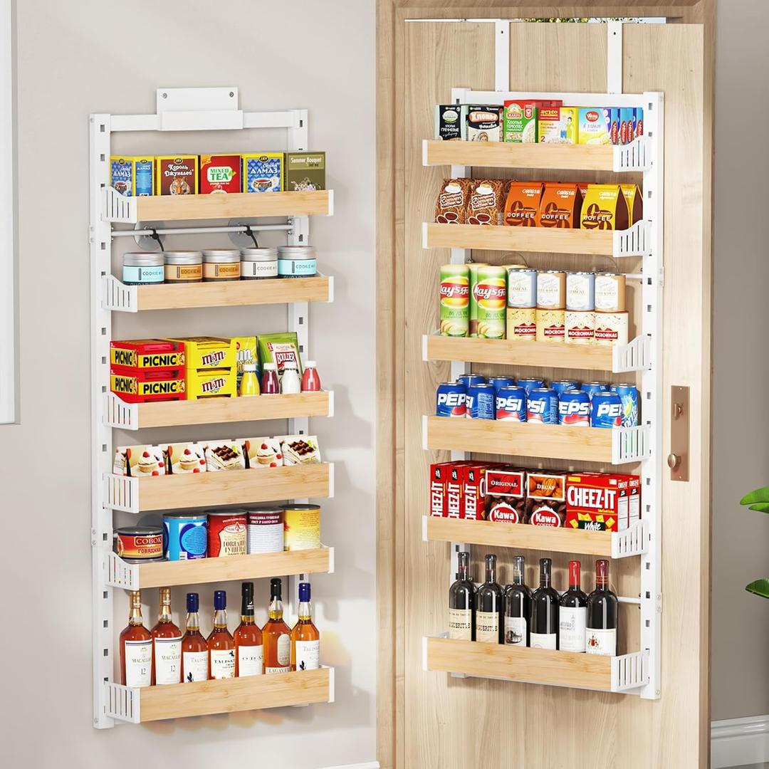 6-Tier Over The Door Pantry Organizer, Heavy-Duty Metal Wall Mount or Hanging Spice Rack, behind the door storage Shelves with Adjustable Basket, Back of Door Organizer for Kitchen Cabinet and Closet (White)