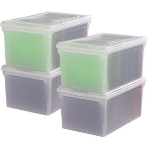 IRIS USA File Box, File Organizer w/Hinged Split Lid for Letter File, Important Document Box, Plastic Storage Filing Bin for Moving, Stackable Nestable Portable, Pearl 44 Qt. 4 Pack