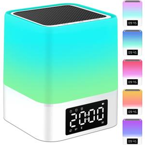 Night Light Bluetooth Speaker, Gifts for 10 11 12 13 14 15 Years Old Boys Teenager Girls, All-in-1 Dual Alarm Clock, Touch Sensor Bedside Lamp, 48 RGB Color Chang, MP3 Player, Wireless Speaker