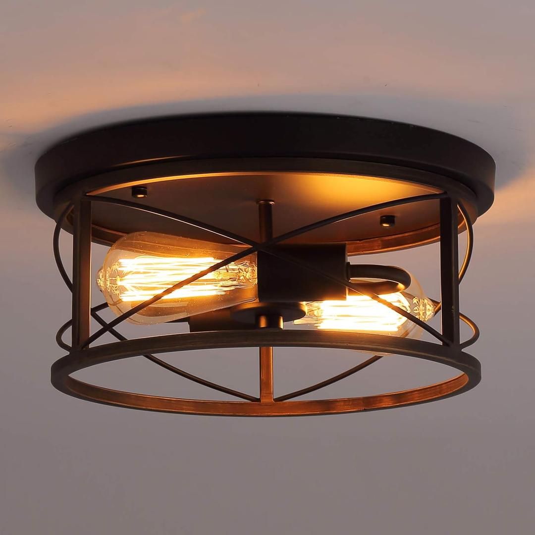 Q&S Farmhouse Ceiling Light Fixture Flush Mount,ORB+Bronze,Rustic Vintage Mini Ceiling Lighting for Hallway Entryway Kitchen Dining Room Bedroom Garage Gazebo Locker,2 Lights UL Listed