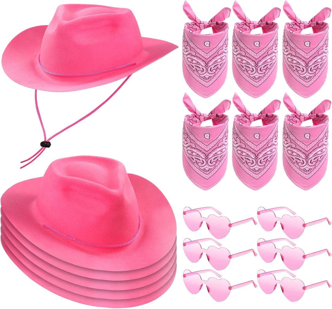 Newcotte 18 Pcs Western Cowboy Hat Set Include 6 Felt Cowgirl Hats 6 Paisley Bandanas 6 Pairs Heart Glasses for Party Costume