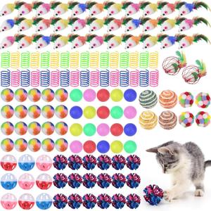 Shappy 150 Pcs Cat Toys for Indoor Cats Bulk, Kitten Toys Pack, Variety Interactive Gift Including Mice Rainbow Balls Spring Crinkle Balls Gift for Kitty Kitten Cat(Classic)
