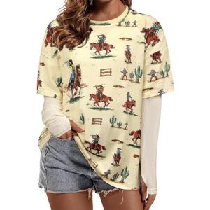 MYMORE Women's Oversized Western Cowgirl Graphic T Shirts 2 in 1 Short Mesh Sleeve Vintaged Rodeo Print Shirt with Thumb Hole (L)