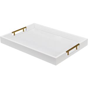 14x20 Inches White Faux Leather Wrapped Wood Serving Tray with Metal Handles for Various Occasions, Ottoman, Home Decor Decorative, Living Room, Coffee Table Organizer, Serving Breakfast On Bed