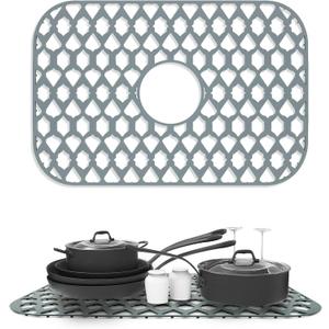 Sink Protectors for Kitchen Sink 13x11 &16x12 & 18x16 & 19x14 & 21x16 & 22x13 & 24x13 & 25x16 & 26x14 & 28x14 & 30x16, Silicone Sink Mat Grid (19"x13", Center Drain) (Gray)