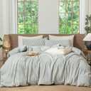 MooMee Striped Duvet Cover Set 100% Washed Cotton Linen Like Textured Breathable Durable Soft Comfy (Heathered Green Classic Stripes, Queen 90"x90")