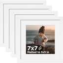 KINLINK 7x7 Picture Frame White Set of 4, Wooden Square Photo Frames Matted 5x5 with Plexiglass for 5x5 with Mat or 7x7 without Mat for Table and Wall Display