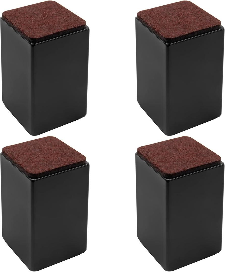 4 Pcs Self-Adhesive Furniture Bed Risers, Square Heavy Duty Carbon Steel Table Sofa Risers Adds 4" Height with Felt Pad,Black