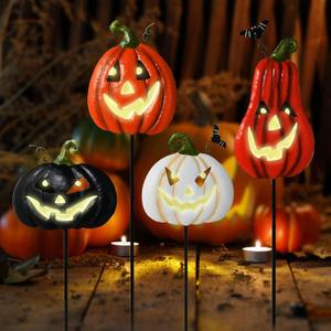 Halloween/Thanksgiving Metal Stakes Pumpkin, Jack o Lantern Spooky Faces Smile with Luminous Effect, Garden Yard Signs, Halloween Pumpkins Outdoor, Pumpkin Decorations Outdoor,Set of 4