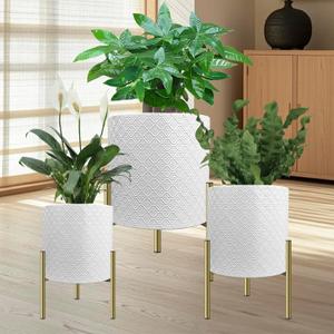 3 Pack Planter Pots with Stand and Drainage Holes, 8/10/12 Inch Indoor/Outdoor Plant Pots, Lightweight Durable Flower Pots for Herbs, Succulents, Modern Home Decor (White F1)
