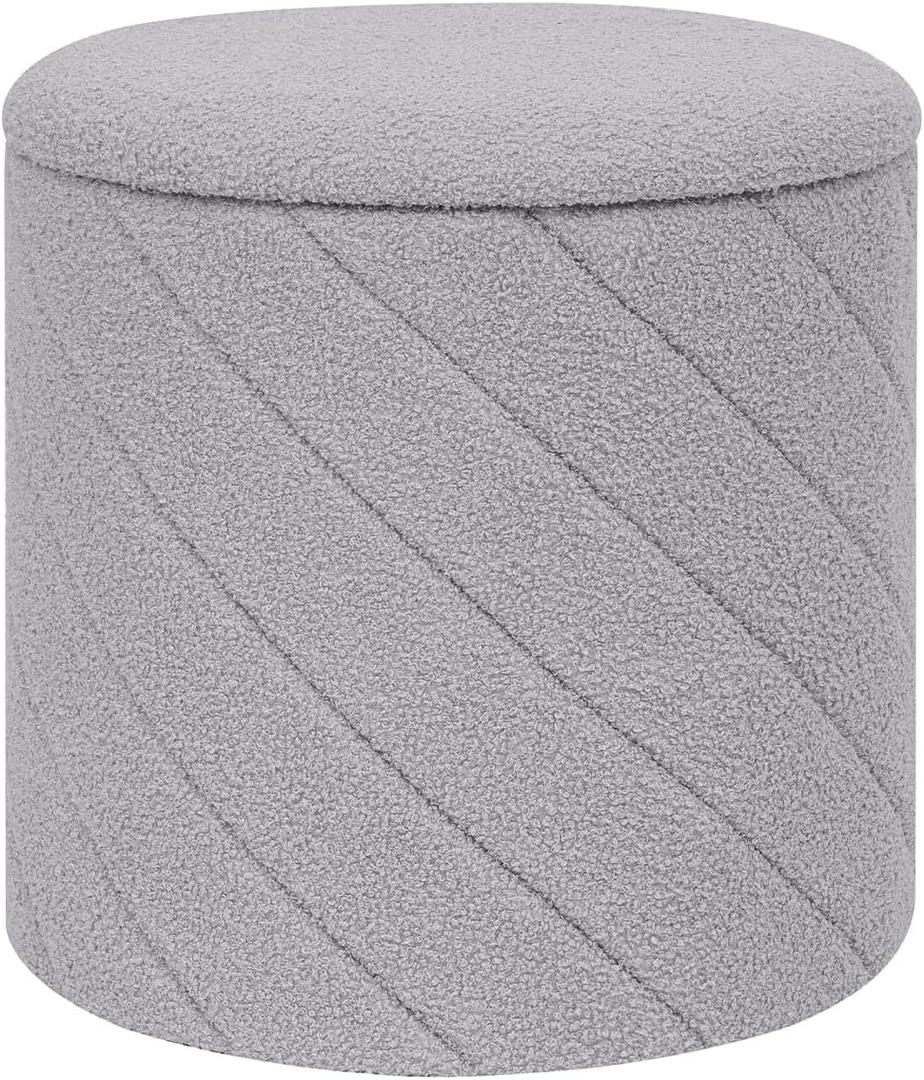 Round Boucle Storage Ottoman with Reversible Wood Tray, 17.7" Sherpa Cylinder Footrest Stool with Storage, Upholstered Folding Ottoman Coffee Table for Living Room Bedroom Dorm, Grey