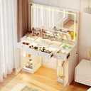 Pamapic Makeup Vanity with Crystal Knobs, Glass Top Vanity Desk with Mirror and Lights, Power Outlet, Drawers and Cabinet, 3 Lighting Color Adjustable Dressing Table, Upgraded Silent Slides, White