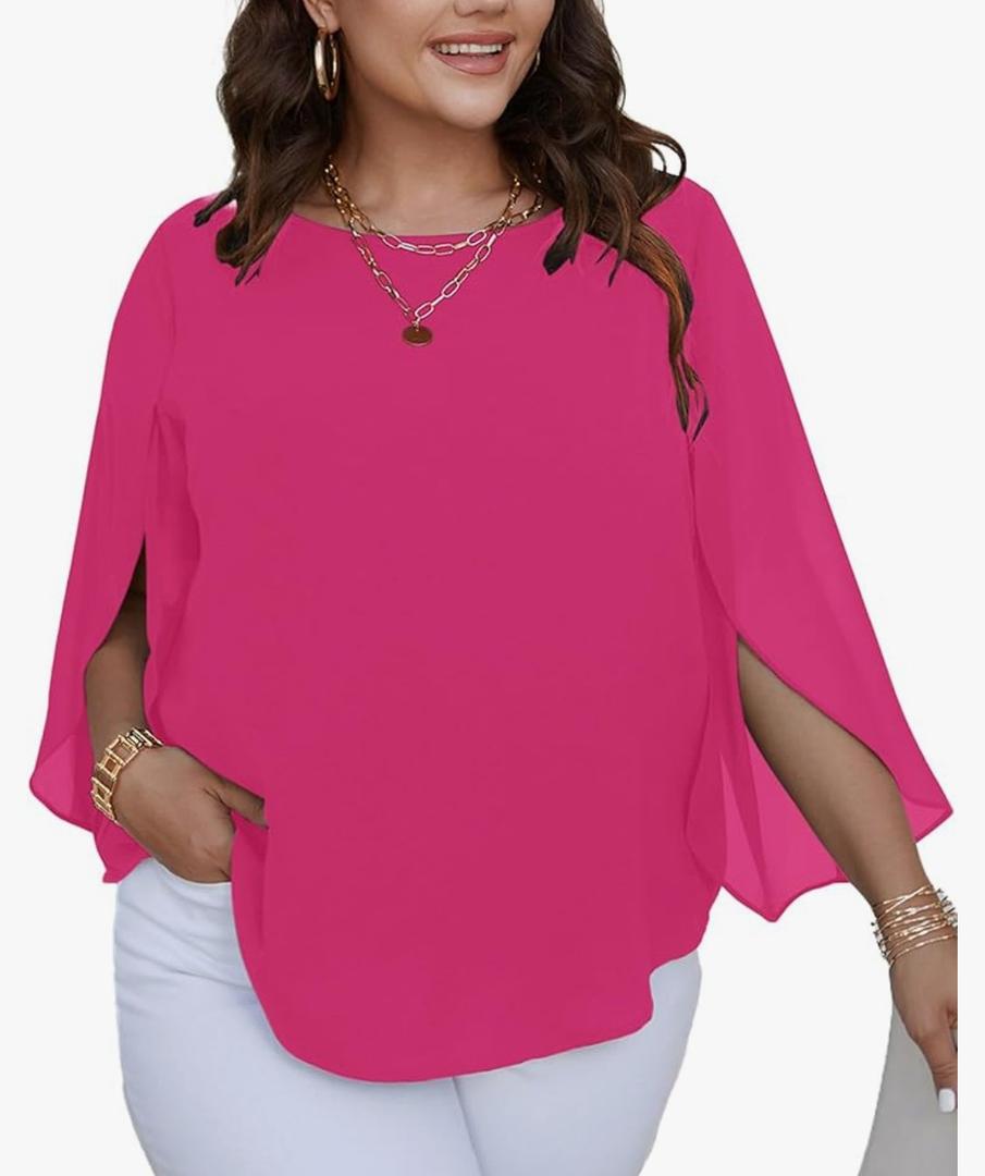 SCOMCHIC Plus Size Blouses for Women Summer Chiffon 3/4 Sleeve Tunic Tops Dressy Scoop Neck Casual Loose Flowy Shirts 3XL