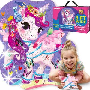 QUOKKA Glitter Giant Floor Puzzles for Kids Ages 3-5 - 2x3 Feet 48 Piece Puzzles for Toddlers 2-4 - Large Shaped Educational Toddler Puzzles Ages 24+ Months - Unicorn Activity Game for Boys and Girls