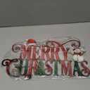 Merry Christmas Metal Sign Red Christmas Table Decoration Xmas Tiered Tray Decor Freestanding Metal Word Sign with Wooden Base for Xmas Home Tabletop Centerpiece Mantel Fireplace