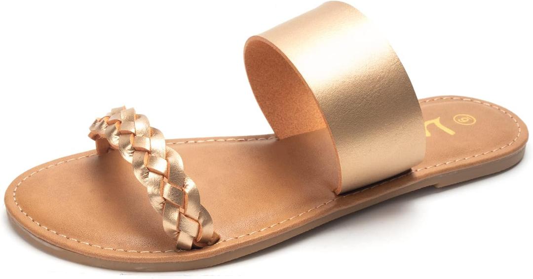 LM Women's Braided Slide Sandals Open Toe Two Band Slip On Flat Sandals Casual Summer Sandals, 7 (Gold)