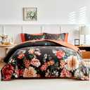 Joyreap 7 Piece Bed in a Bag King, Floral Comforter Sheet Set, Black n Orange Flowers Design, All Season Microfiber Bedding Comforter Set