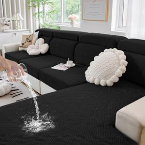 hyha Waterproof Couch Cushion Covers, Stretch Magic Sofa Seat Slipcover, Waterproof Sectional Couch/Sofa Cushion Covers for Pets Washable with Elastic Bottom(3PC, Black)