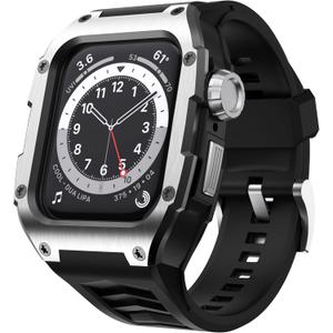 Compatible with Apple Watch Band 44mm Men Rugged Case Stainless Metal Cover with Military Band Shockproof Protective Case for Watch Series 6 5 4 SE2, Black