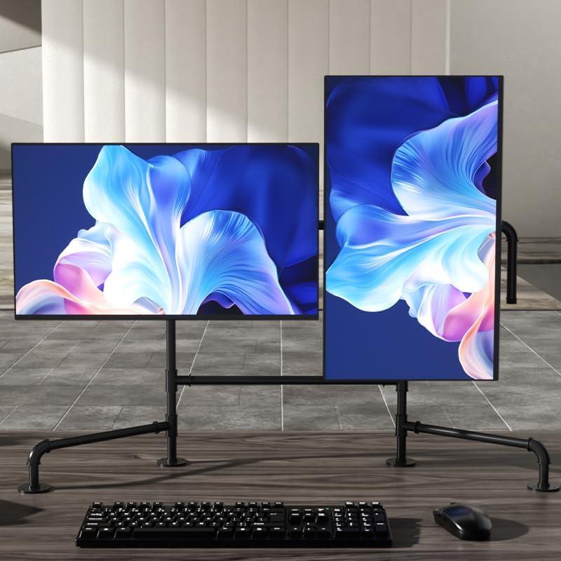 Black Monitor Stand Free Standing Full Adjustable Monitor Desk Mount for 1/2 Screens up to 27 Inches Tilt Swivel Computer Arms, Cable Management, Heavy-Duty Flange Mounting Base, Black