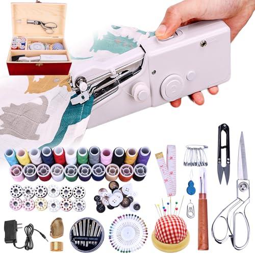 Hand Held Sewing Machine, with Red Wooden Sewing Box and 143 PCS Sewing Kit, Mini Portable Handheld Sewing Machine for Adults and Beginners, with a Power Adapter and Heavy-Duty Scissors