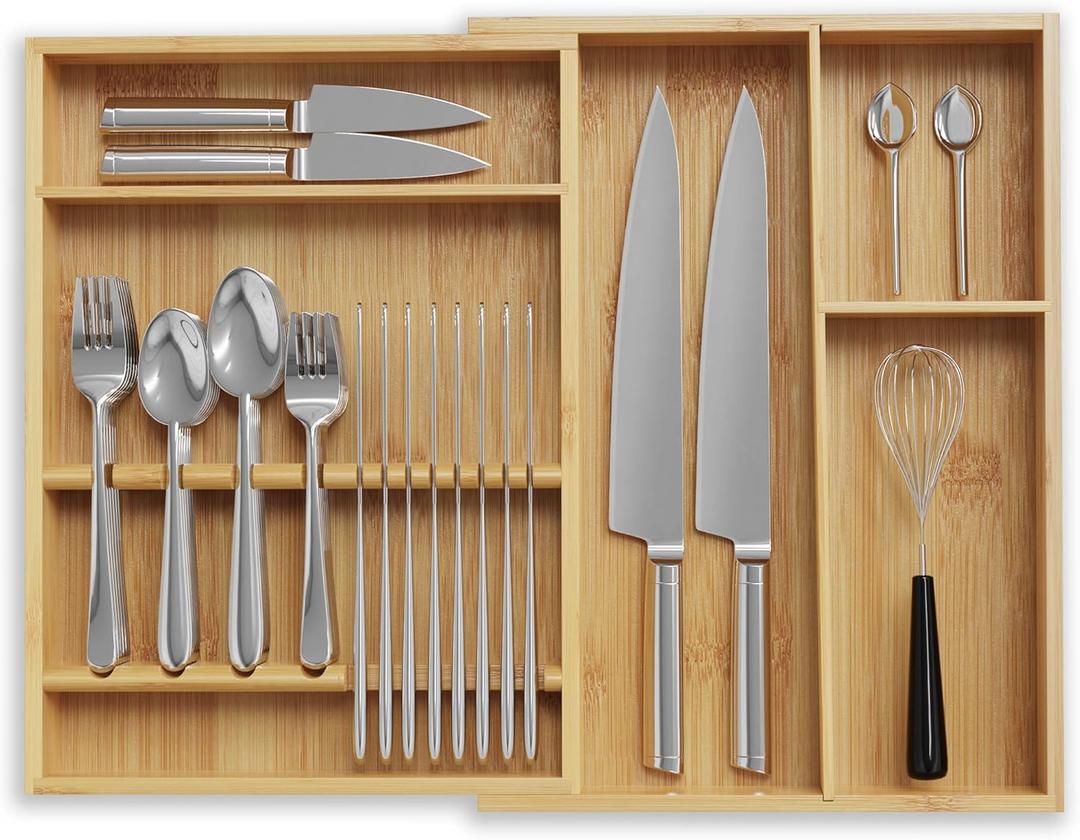 ULG Expandable Bamboo Kitchen Drawer Organizer, Adjustable Cutlery Tray Silverware Organizer with Removable Drawer Dividers, Drawer Dividers Organizer for Silverware, Kitchen Utensils, Office Storage