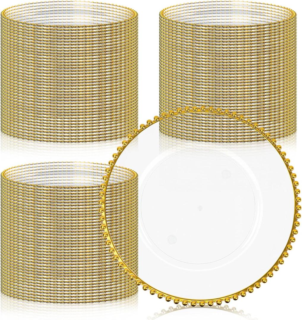 Clear Charger Plates Bulk 100, Round Plate Chargers with Gold Rim, large