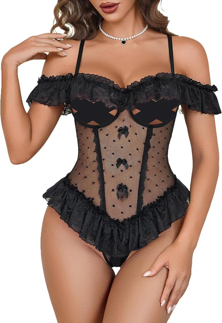 Avidlove Lingerie for Women V Neck One Piece Bodysuit Lace Ruffle Babydoll Off Shoulder Rave Outfits, M