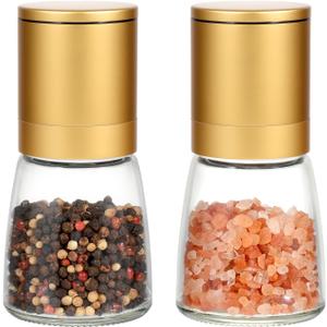 Vucchini Gold Salt and Pepper Grinder Mill - Adjustable Coarseness Ceramic Brass Spice Grinder Shaker - Refillable Glass Pepper Grinders for Home Golden Kitchen Accessories