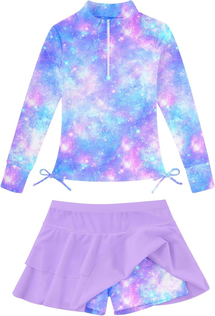 Vogseek 3-12T Girls Rash Guard 2 Pieces Bathing Suit Long Sleeve Swimsuit Swimming Skirt with Shorts Swimwear (7-8 Years)