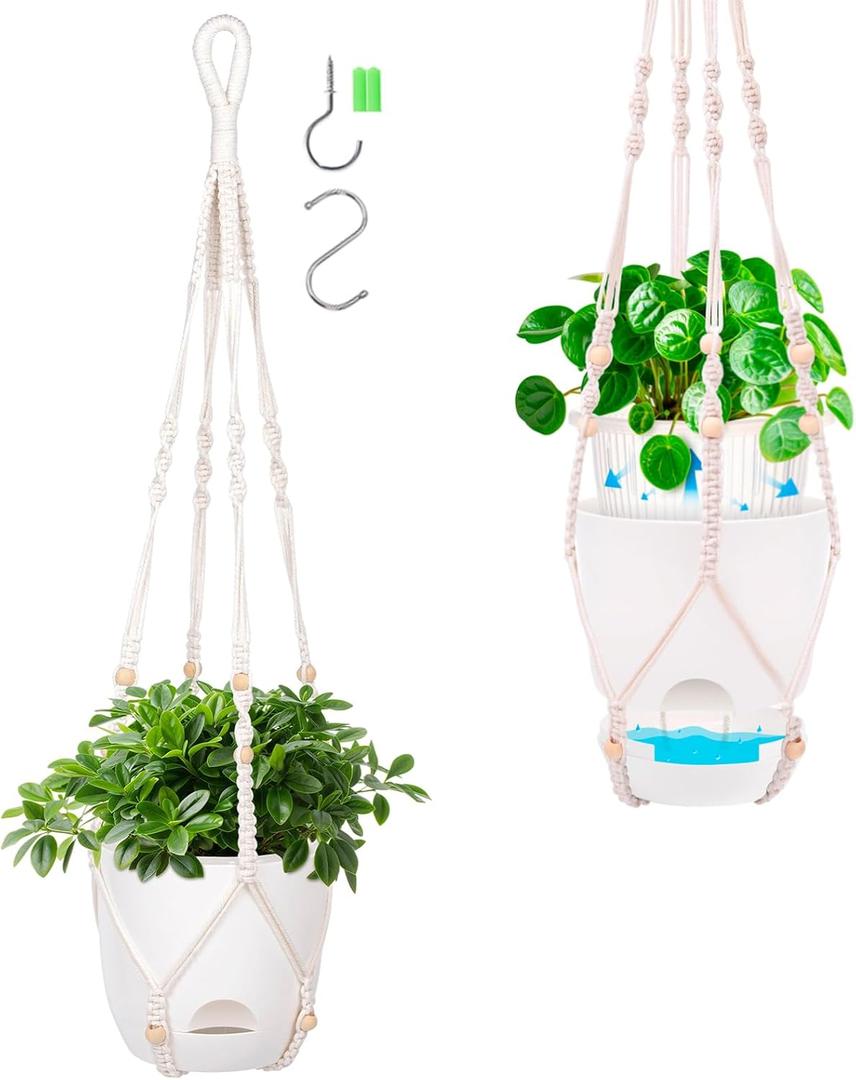 2-Pack 5.7-Inch Self-Watering Hanging Planters for Indoor & Outdoor Plants,34Inch Macrame Hanger Plant Pots Indoor with Drainage,Small Hanging Planters & Baskets,With Two Sets of HooksPure white