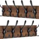 Wooden Coat Rack Wall Mount Heavy Duty, 2 Pack Coat Hanger Wall Mount with 5 Triple Hooks for Clothes, Jacket, Hat, Keys, Backpacks, Towel, Space Saving Entryway Organizer for Bathroom, Mudroom (Brown Plate & Black Hooks)