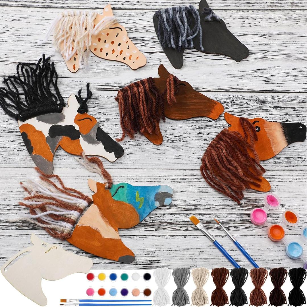 Geelin 24 Pcs Wooden Horse Craft Western Ornament Unfinished Wooden Cutouts Horse Painting Kit Unicorn Ornament DIY Cowboy Craft Paint Your Own Art for Christmas Party Favors (Classic)