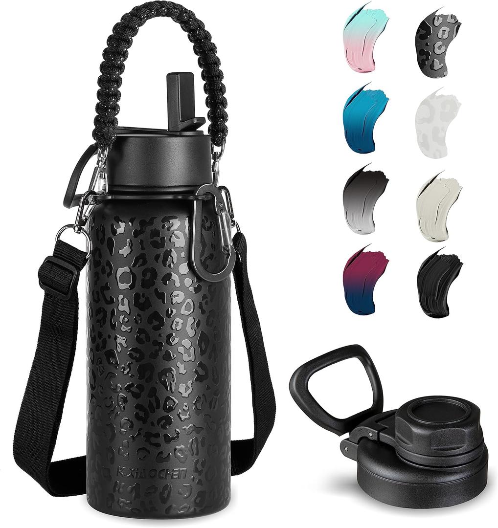 KXIAOCHEN Insulated Water Bottle, Stainless Steel Water Bottle, 2 Lids (Straw and Handle Lid),Wide Mouth Metal Water Bottles Keep Hot and Cold, Double Walled, Thermo Mug, Metal Canteen (Black Leoqard)