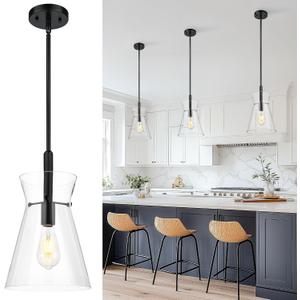 Emak Black Pendant Lights Kitchen Island, Modern 9 Inch Large Clear Glass Pendant Light, Farmhouse Hanging Lights for Kitchen, Dining Room, PL130-BK-CG