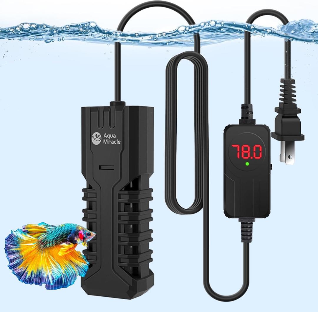 AquaMiracle 50W Submersible Aquarium Heater with LED Digital Display Thermostat, Fish Tank Heater Turtle Heater with Protective Housing, for Tanks 5-10 Gallons