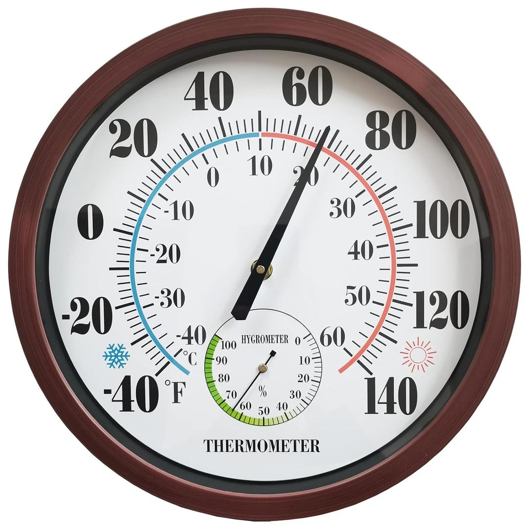 Indoor Outdoor Thermometer Large Numbers 12 Inch Wall Weather Thermometer Hanging Garden Decor Hygrometer No Battery Needed (Brown)