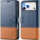 TUCCH Wallet Case for iPhone 17 Pro Max (6.9") 2025, 4 Card Holders, RFID Blocking, Stand, Shockproof TPU Shell, PU Leather, Magnetic Closure, Protective Flip Folio Cover, Blue & Brown