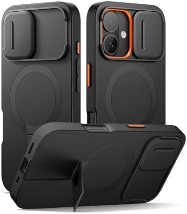 SURITCH for iPhone 16 Case with Magnetic Camera Slide Cover and Adjustable Kickstand, Compatible with MagSafe, Shockproof Bumper Case Slim Protective Cover 6.1 Inch, Black