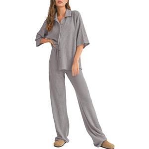 SHEWIN Women's 2 Piece Outfits Waffle Knit Lounge Sets Casual Short Sleeve Button Down Sleepwear Pajamas Set (Grey) S 