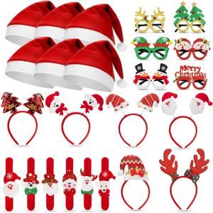 24 Pcs Christmas Glasses Headbands Hats Kids Wristbands, Cute Hair Hoop Eyeglasses Christmas Decorations, Santa Hats Photo Props for Xmas Holiday Party Favors