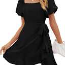 Sampeel Womens Summer Dresses Square Neck Puff Sleeve Tie Waist Short Dress (Black, L)
