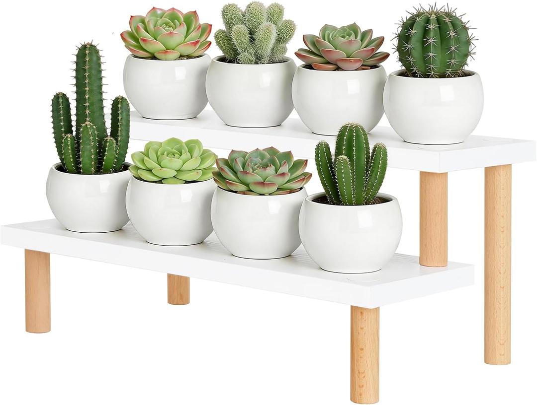 2 Tiered White Table Top Plant Stand, 15mm Thick Wooden Desktop Succulent Stand , Small Window Sill Plant Shelf for Indoor Kitchen,Countertop,Office Desk, Ladder Shelf,Modern,(14.2")