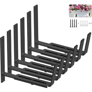 Y&M 6 Pack Adjustable Planter Box Brackets (6 to 12.5 in), Universal Window Box Brackets, Heavy Duty Iron Flower Box Wall Mounting Hooks for Balcony, Fences, Patio, and Garden - Black